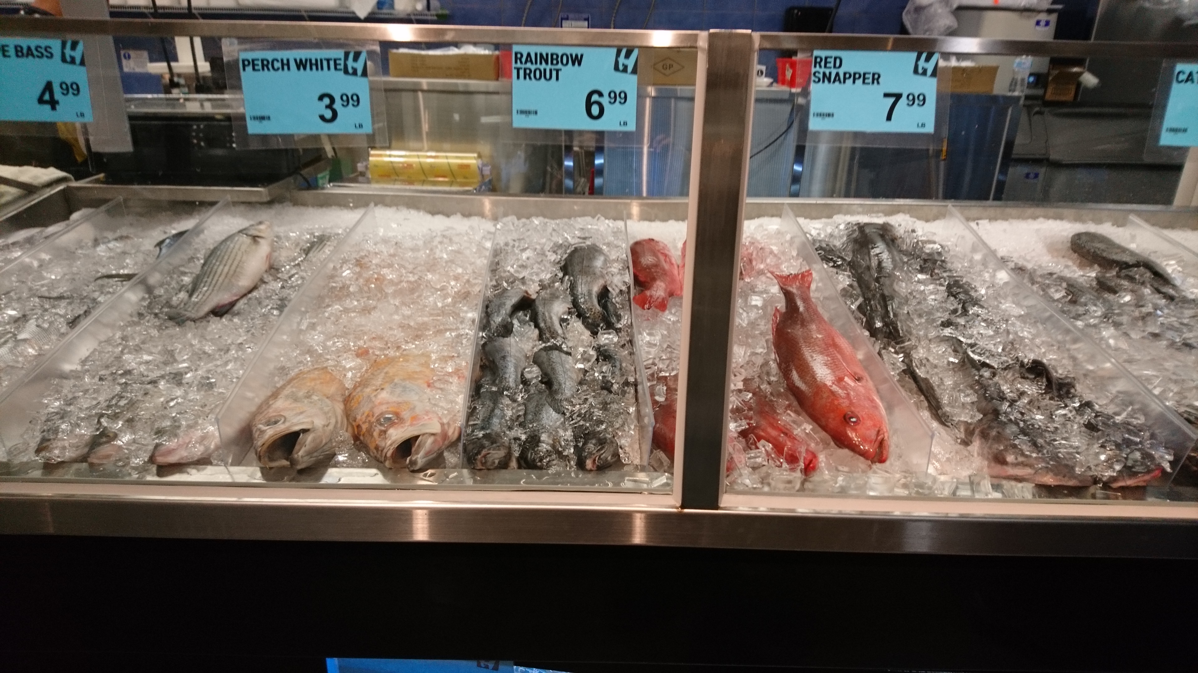 fish counter at h-mart belmont, with many fish on ice