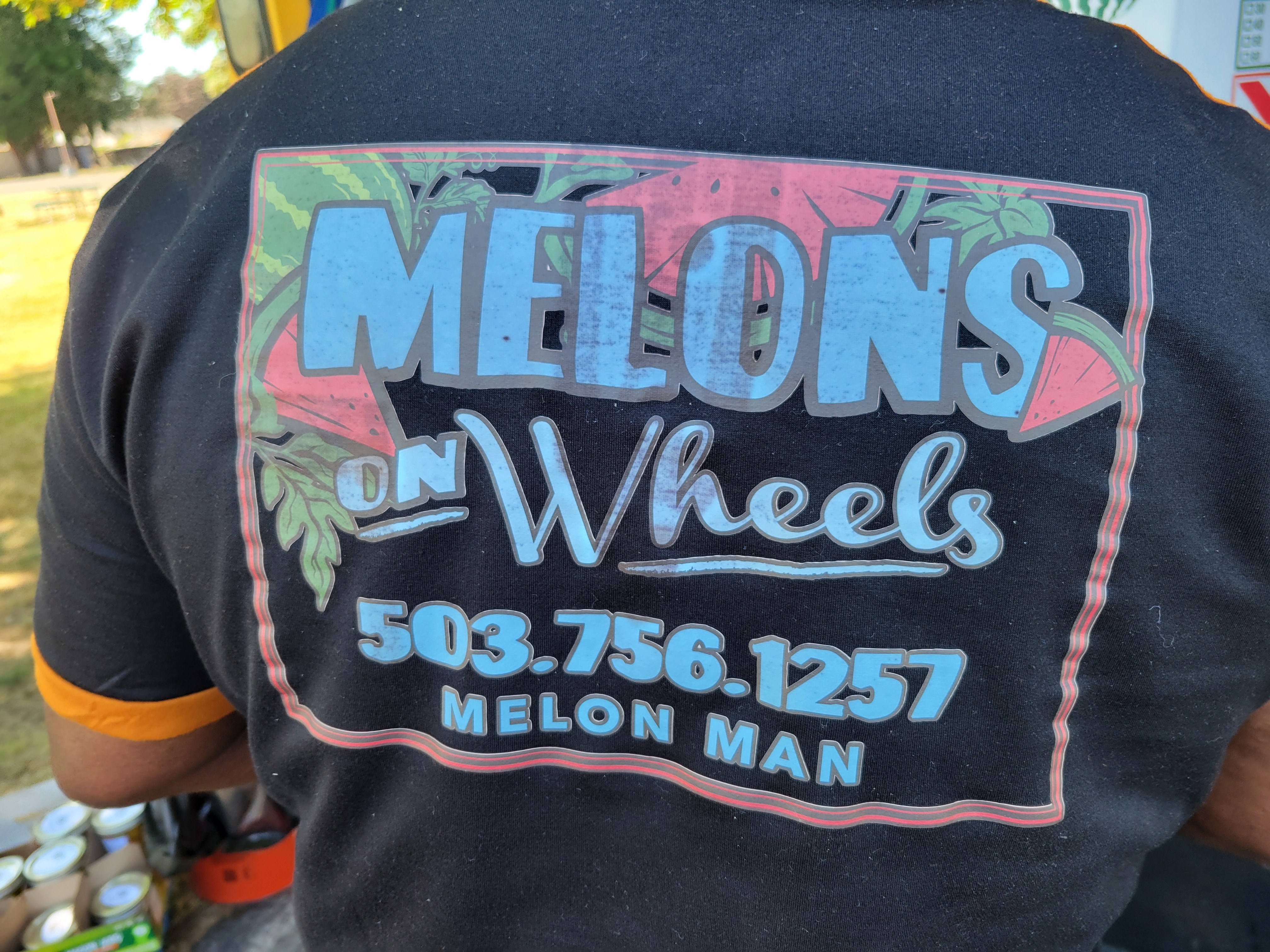 back of a tshirt reading Melons On Wheels