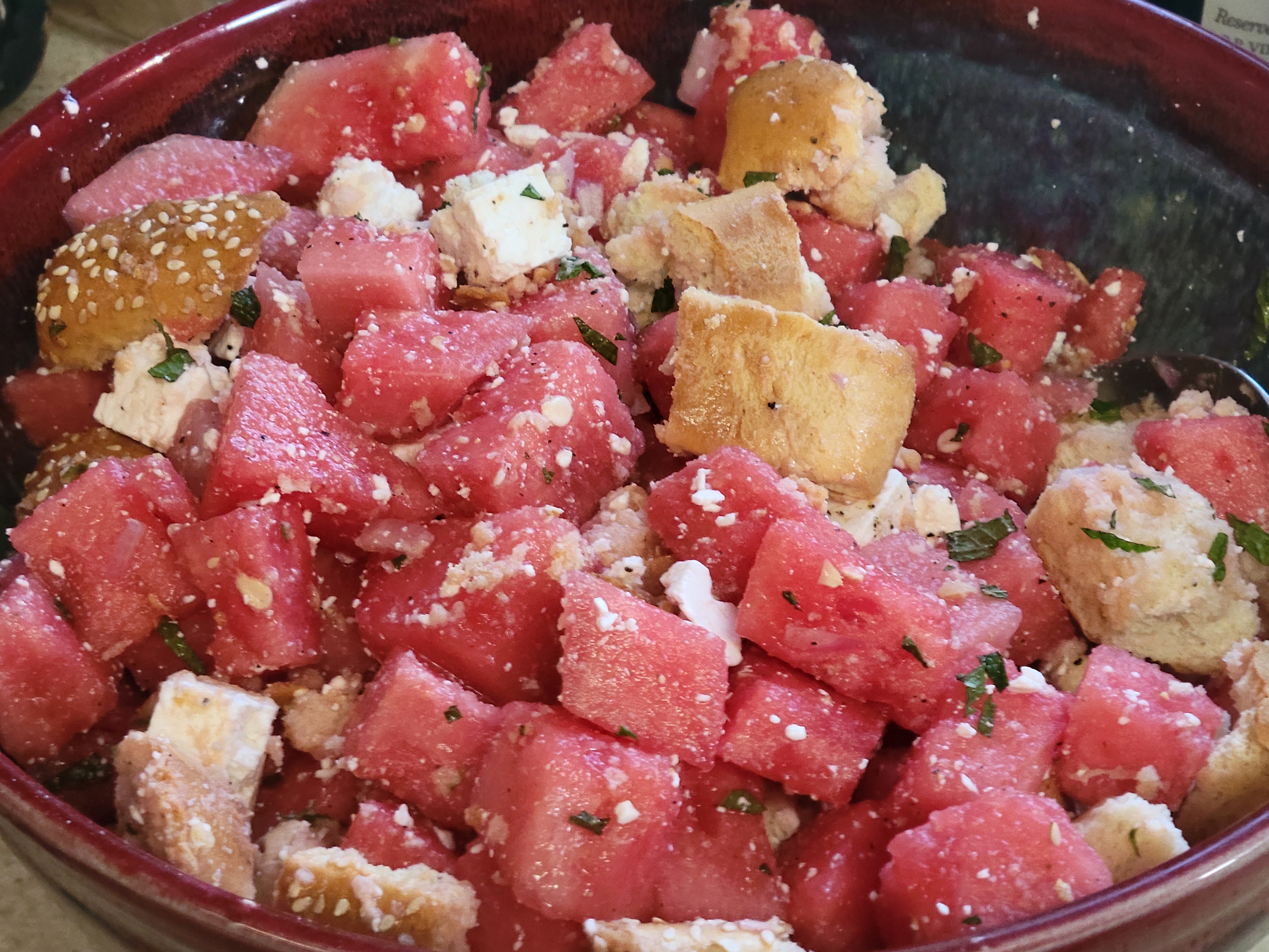watermelon salad, now fully tossed
