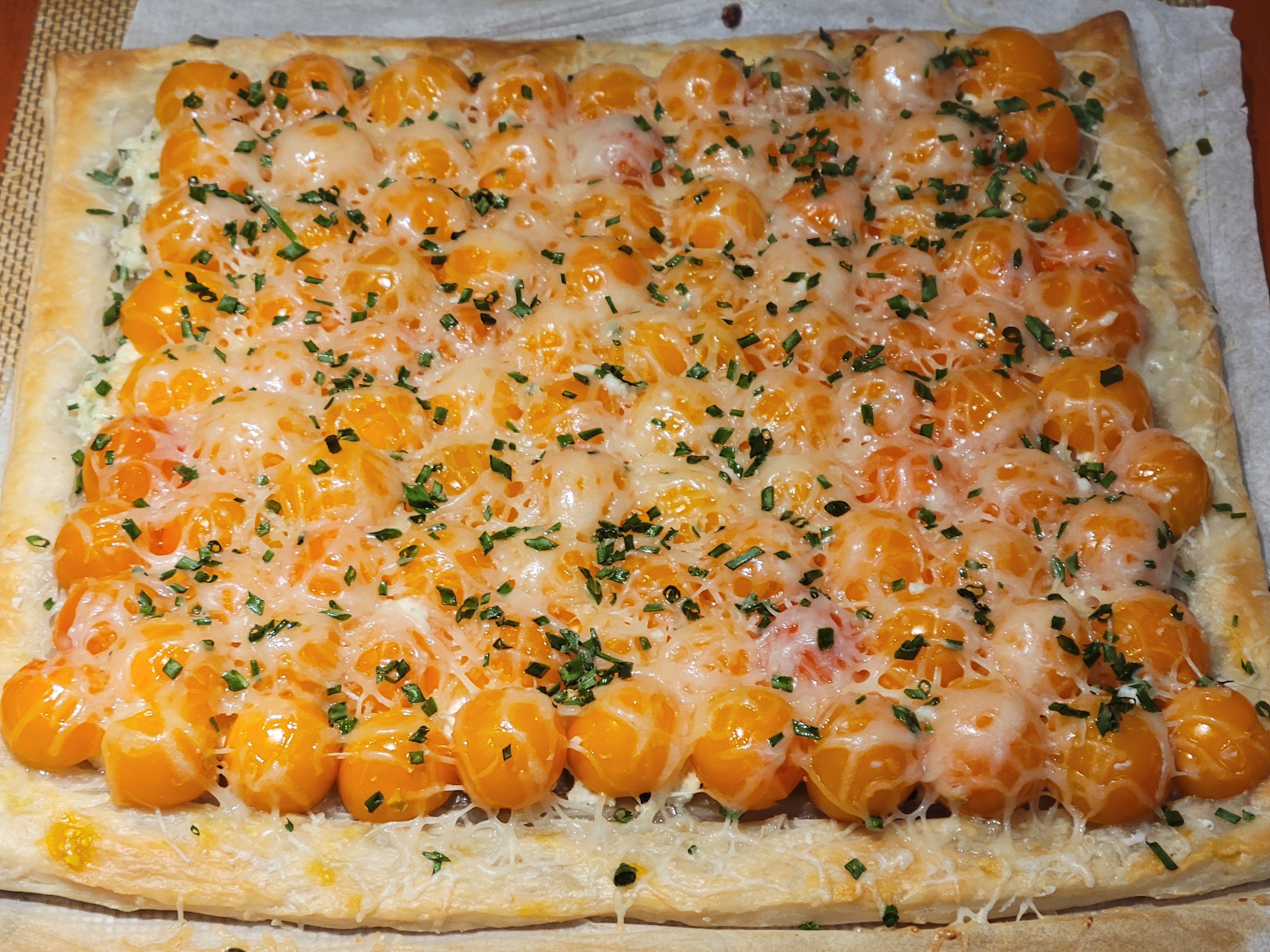 second tomato tart, this time with sungolds cut in half